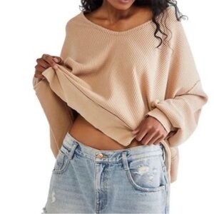 We the Free Free People Buttercup long sleeve waffle knit thermal top in tan
